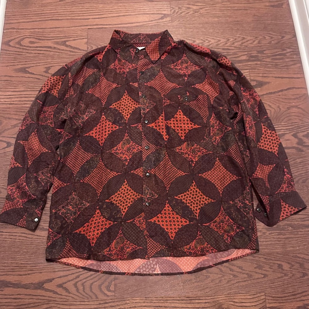 Summa Silk Mens Large Brown Terracotta Paisley Geometric Patchwork Button Shirt